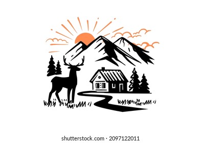 Mountain landscape with house and deer vector. Nature landscape