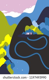 Mountain landscape with a house. Hills, river, sky with clouds. Tourism and recreation. Vector illustration.