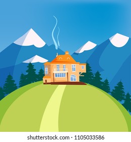 Mountain landscape, house on the mountain, chalet, hotel, vector, illustration, isolated, cartoon style
