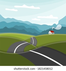 Mountain landscape. House on the horizon. The road in the mountains. Vector illustration