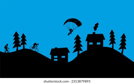 Mountain landscape with houses, trees, tourists, cyclists and paragliders, black silhouette, banner, vector illustration