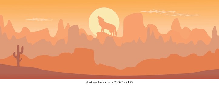 Mountain landscape and howling wolf