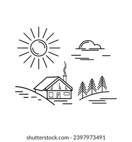 mountain landscape, mountain hut, spruce, trees, sun, cloud. Flat line style. Ski resort, travel, vacation banner. Vector illustration isolated on white background.