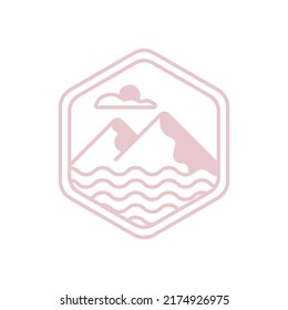 Mountain landscape icon. Hexagon label. Concept of adventure, exploration, nature. Vector illustration, flat design