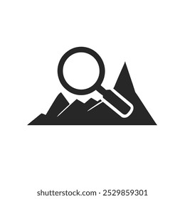 Mountain Landscape Icon with Magnifying Glass for Exploration and Research - Perfect for Travel, Adventure, and Nature-Themed Projects