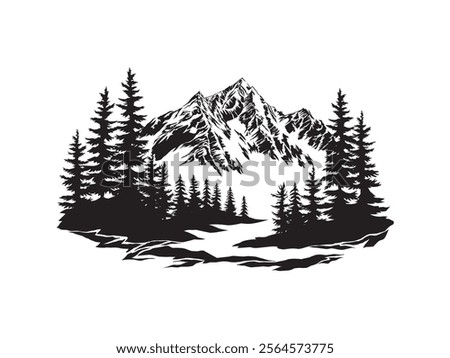 mountain landscape icon, pine forest and snowy mountain