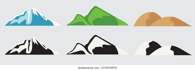 Conjunto de iconos de paisaje de montaña. Iconos de paisaje de montaña y colina en estilo de Vector plano, que representan diferentes terrenos, entornos naturales y conceptos de paisajes al aire libre.