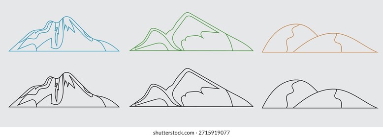Conjunto de iconos de paisaje de montaña. Iconos de paisaje de montaña y colina en estilo de Vector plano, que representan diferentes terrenos, entornos naturales y conceptos de paisajes al aire libre.