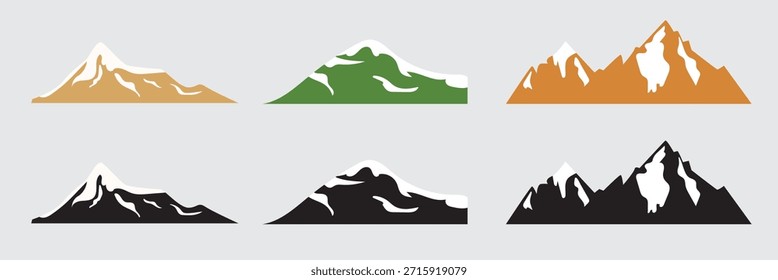 Mountain landscape icon set. Mountain and hill landscape icons in flat vector style, representing different terrains, nature environments, and outdoor scenery concepts.