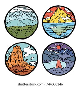 Mountain landscape icon set. Ice tops and clouds around, river and grass. Colored illustration.