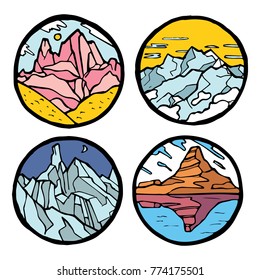 Mountain landscape icon set. Ice tops and clouds around, river and grass. Colored illustration.