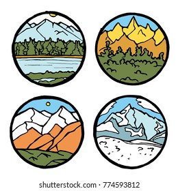 Mountain landscape icon set. Ice tops and clouds around, river and grass. Colored illustration.