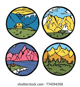 Mountain landscape icon set. Ice tops and clouds around, river and grass. Colored illustration.