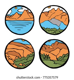 Mountain landscape icon set. Ice tops and clouds around, river and grass. Colored illustration.