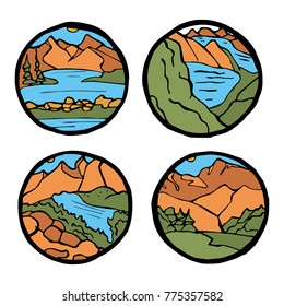 Mountain landscape icon set. Ice tops and clouds around, river and grass. Colored illustration.