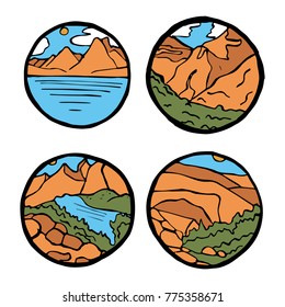 Mountain landscape icon set. Ice tops and clouds around, river and grass. Colored illustration.