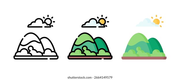 Conjunto de iconos de paisaje de montaña: estilo de contorno, coloreado y plano