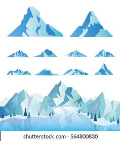 Mountain Landscape with mountain icons. Vector mountains background with lake.