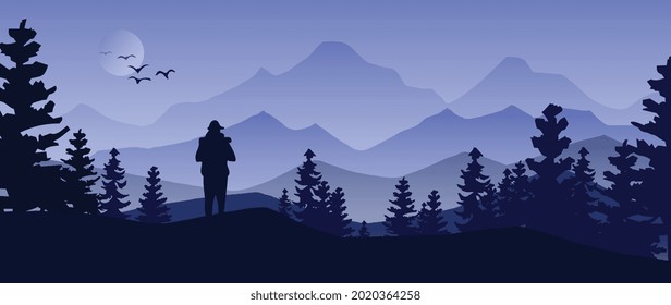 Mountain landscape illustration art background vector. The adventure graphic design series for wild life and traveler. Forest nature wallpaper with bird, fog, sunset, The river and huge mountains.