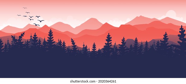 Mountain landscape illustration art background vector. The adventure graphic design series for wild life and traveler. Forest nature wallpaper with bird, fog, sunset, The river and huge mountains.