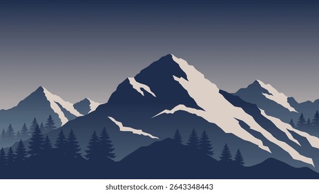 Mountain Landscape Illustration Background View at Dawn, Silhouette snowy peak of mountain backdrop design
