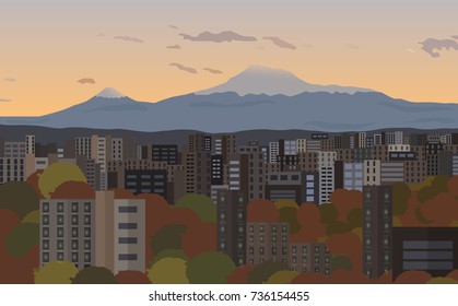 Mountain landscape illustration design.Urban city view from window.Beautiful autumn nature and sunset.Vector illustration.