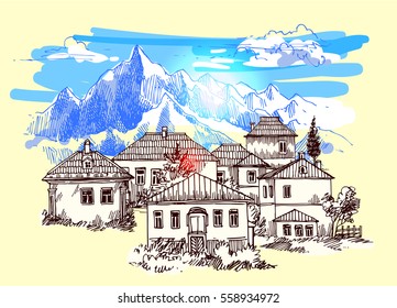 Mountain landscape illustration. Drawing by hand. Sketch style