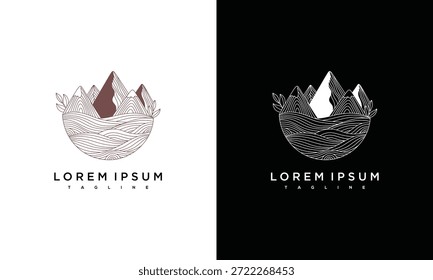 Mountain landscape illustration featuring wave and peak elements in a stylized logo design on contrasting backgrounds