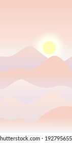 Mountain landscape illustration in flat style with design hill and smoke in noon view. Aesthetic  nature background. Banner template for mobile phone screen saver theme, lock screen and wallpaper. 