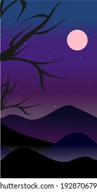 Mountain landscape illustration in flat style with design hill and smoke in night view. Aesthetic nature background. Banner template for mobile phone screen saver theme, lock screen and wallpaper.