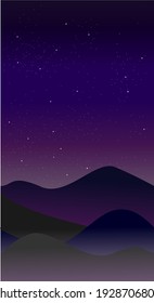 Mountain landscape illustration in flat style with design hill and smoke in night view. Aesthetic nature background. Banner template for mobile phone screen saver theme, lock screen and wallpaper.