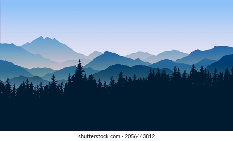 Mountain landscape illustration with fog and pine forest