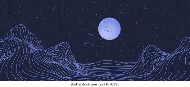 Mountain landscape illustration. Hand drawn style of creative minimalist modern line art print. Abstract contemporary aesthetic background landscape. with Mountains, hills, moonlight and flying birds