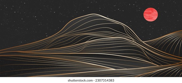 Mountain landscape illustration. Hand drawn style of creative minimalist modern line art print. Abstract contemporary aesthetic background landscape. with Mountains, hills, moonlight