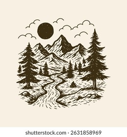 Mountain Landscape Illustration, Hand Drawn Forest River Scene	