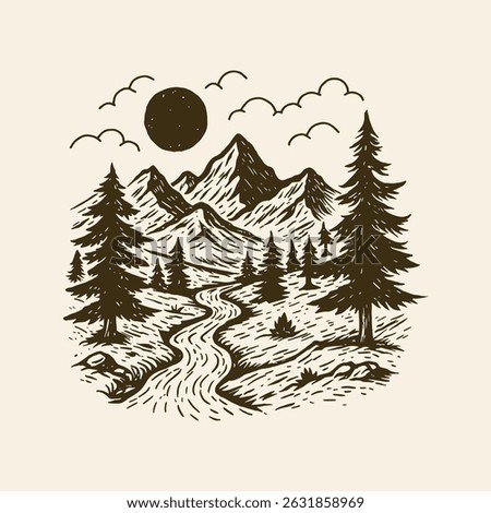 Mountain Landscape Illustration, Hand Drawn Forest River Scene	