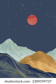 Mountain landscape illustration with line art pattern. Mid century modern art print. Abstract contemporary aesthetic backgrounds landscapes. the moonlight, mountain and hills
