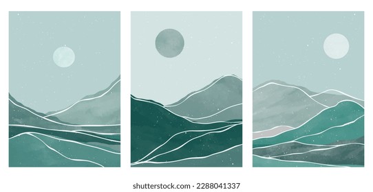 Mountain landscape illustration. Mid century modern art print on set. Abstract contemporary aesthetic backgrounds landscapes. mountain, sea, moon and sun