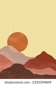 Mountain landscape illustration. Mid century modern art print. Abstract contemporary aesthetic backgrounds landscapes with mountains, sun and hills