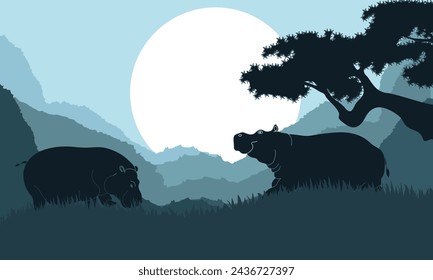 Ilustración de paisaje de montaña de bosque nocturno y rinoceronte, fondo de diseño de vector plano