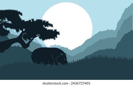 Ilustración de paisaje de montaña de bosque nocturno y rinoceronte, fondo de diseño de vector plano