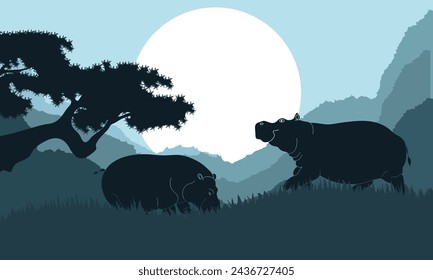 mountain landscape illustration of night forest and Rhino, flat vector design background