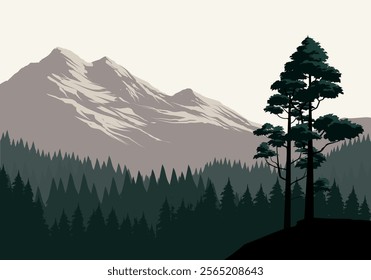 Mountain landscape illustration with pine woodland