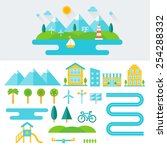 Mountain Landscape Illustration and Set of Elements. Eco-friendly Lifestyle and Sustainable Living Concept. Flat Design 