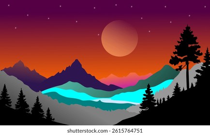  A mountain landscape illustration with a silhouette concept, featuring dark and dramatic mountain shapes against a contrasting sky background, creating a calm and mysterious feel.