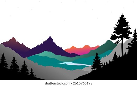 A mountain landscape illustration with a silhouette concept, featuring dark and dramatic mountain shapes against a contrasting sky background, creating a calm and mysterious feel.