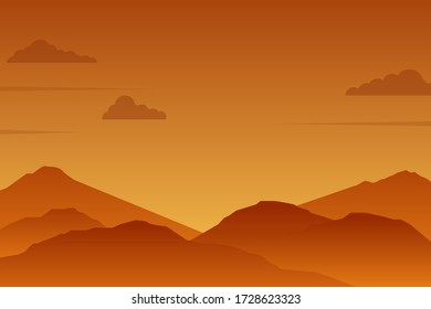 Mountain landscape illustration in sunset time. Mountains silhouette vector in orange color suitable for background 