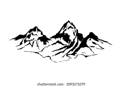 Mountain landscape. Ink sketch of mountains. Simple drawing in  graphic style. Black outline. Panoramic landscape, top of the mountain. Tourism, travel, sports.