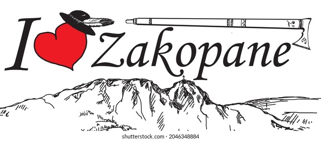 Mountain landscape with an inscription showing a red heart, buried inscription and highlander elements. Black and white drawing with red svg