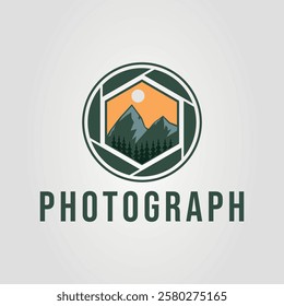 A mountain landscape inside camera aperture forms photography logo vector illustration design